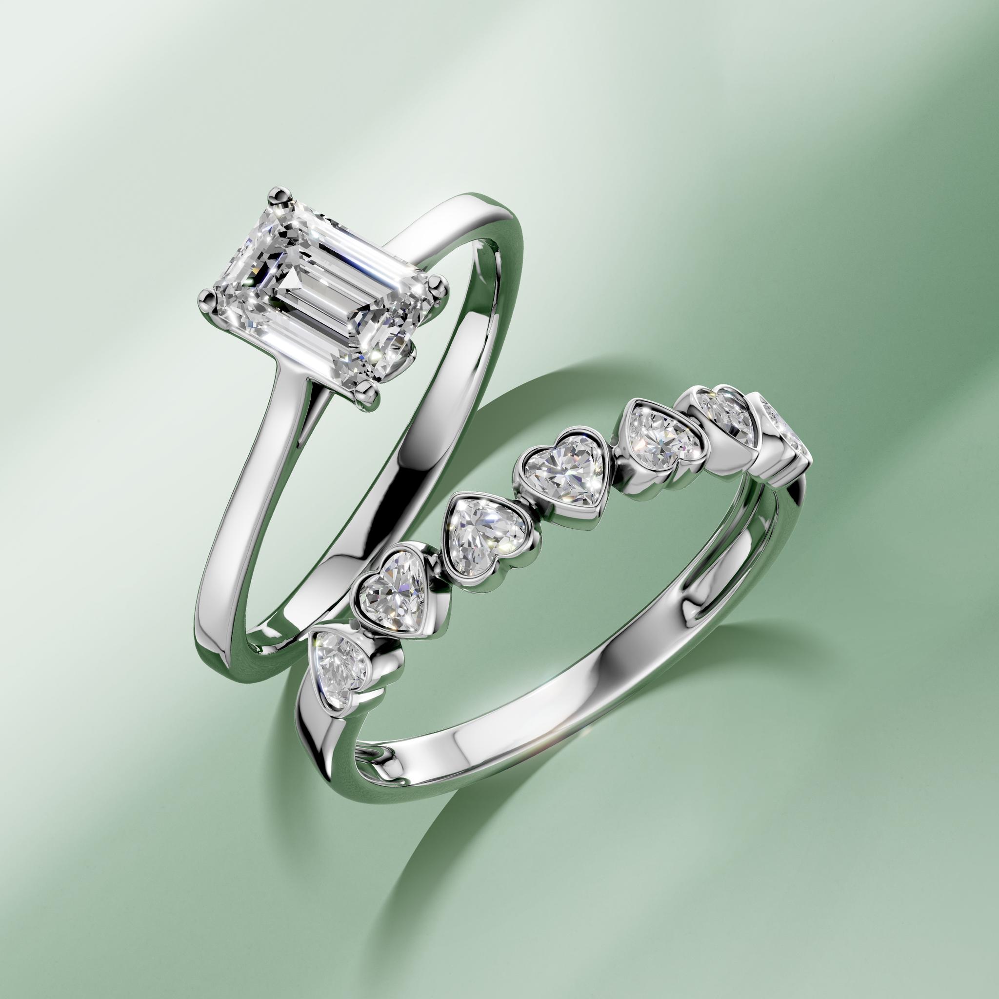 Inel de logodna din aur alb cu diamant solitaire de 1.5ct creat in laborator taietura emerald si inel semi eternity din aur alb cu diamante de 1ct create in laborator - DAAR